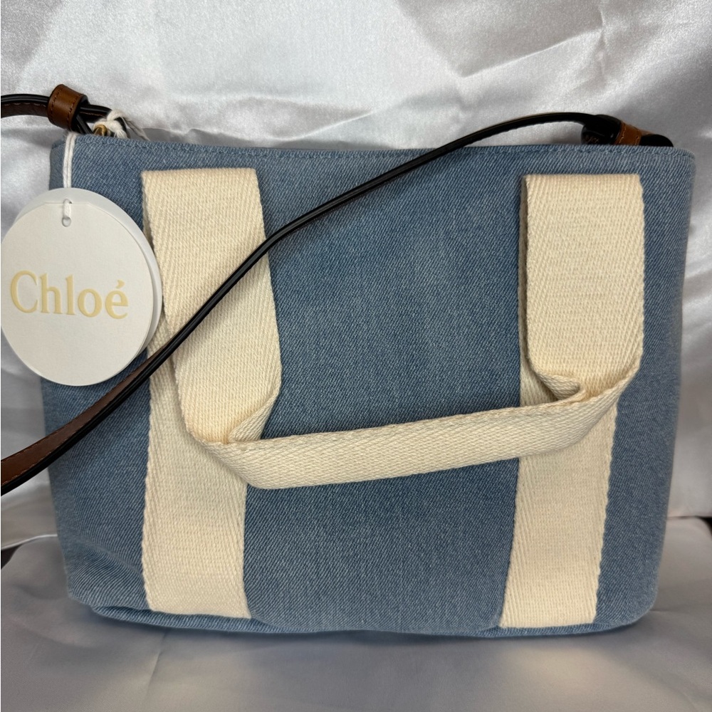 Chloé Blue Canvas Tote with Cream Straps - Picture 3 of 4